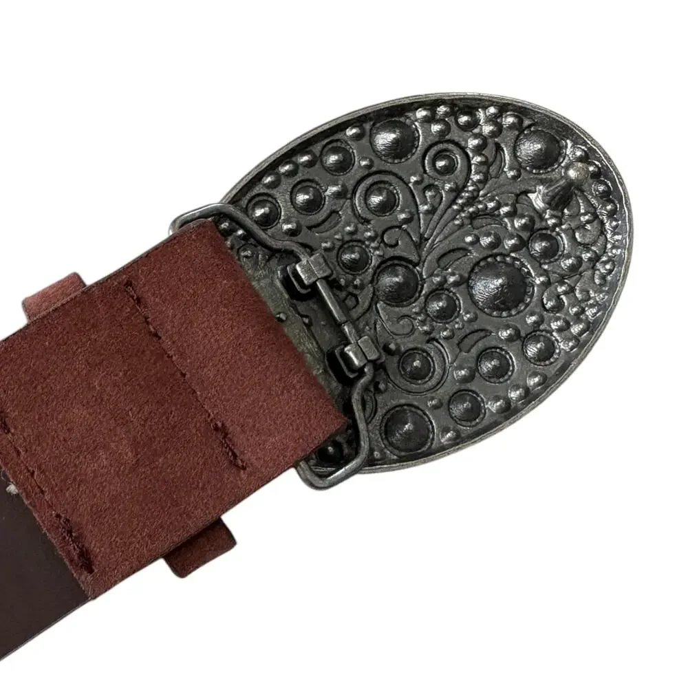 Y2K Style Faux Leather Belt Rhinestone Bling Floral Buckle Boho Western Brown